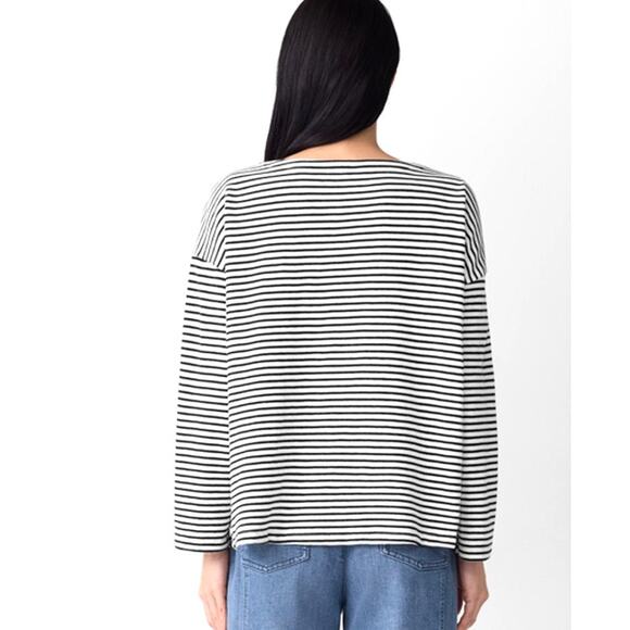 Eileen Fisher Women's Black White Striped Cotton Slub Bateau Neck Top Size M - Picture 2 of 11